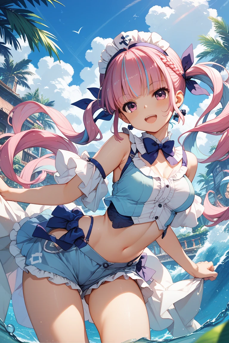 beautiful illustrations, highest quality, pretty girl,beautiful girl、clear face、 half girl、pastel colour 、blush、perfect hands、five fingers、fantasy、fantasy、thighs、(perfect face:1.1), (high detail:1.1)、smile、simple swimwear、white bikini、ponytail
