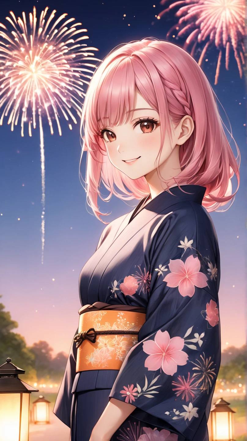 (1 girl),(Best Picture Quality, 8K, Masterpiece:1.3), (high school student:1.5), ((pink lob hair:1.1)), (bob cut),(swept bangs), (cute eyes, pupil black, iris skyblue, youthful face), (mole under right eye), (standard weight), (small breasts), (glistening skin:1.1),(pale skin:1.2),(yukata),(fireworks:1.2),((cute fashion)),((summer scene:1.2)),(magnificent view),(overlooking),(Smile).
