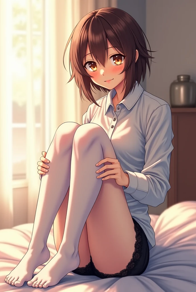 there is a woman Sitting on the bed with her legs crossed, a hyperRealistic school girl, hyperRealistic school girl, Sitting on the bed, Cute school girl, Sit on the bed, Beautiful face with arms and legs, Realistic school girl, Beautiful Asian Girl, Young and pretty girl, Sitting on the bed, Cute seductive smile, anime. Soft lighting
