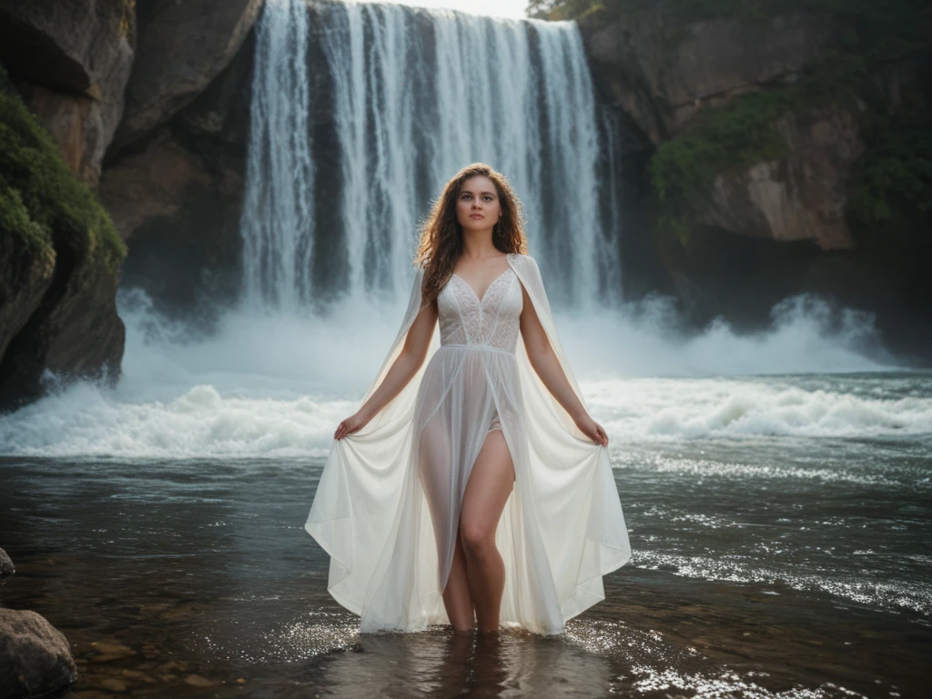 A spectral figure of a woman in a long white dress, with wet hair flowing as if part of the river, stands at the edge of a dark and turbulent river. The full moon shines intensely in the sky, illuminating the scene with a silvery light, and the woman's expression is one of profound sadness and determination