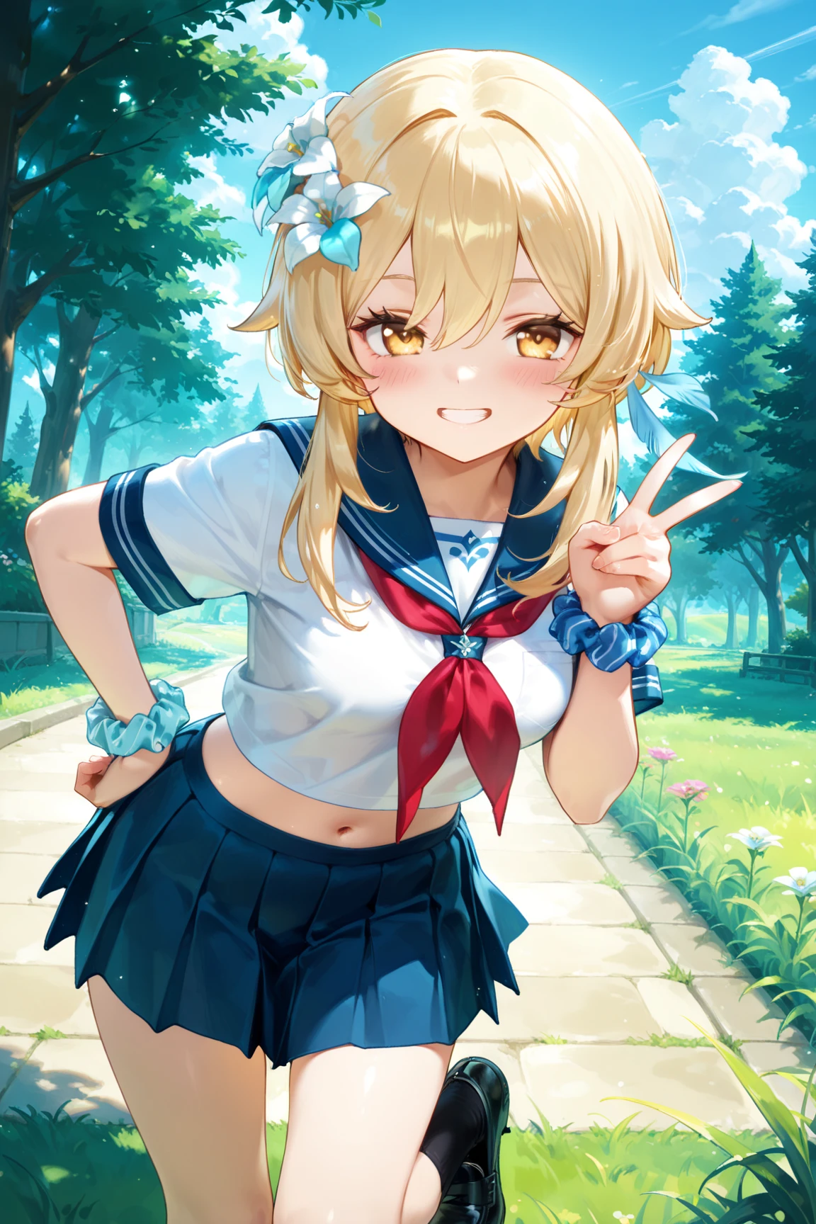 Huge 、 Summer rural bus stop、sit on a bench、 Sheltering from the Rain、 Sailor suit、 Shyness、 Glare、 Cover your chest with your hands、Wet、heavy rain、ずぶWet、Rainy Sky