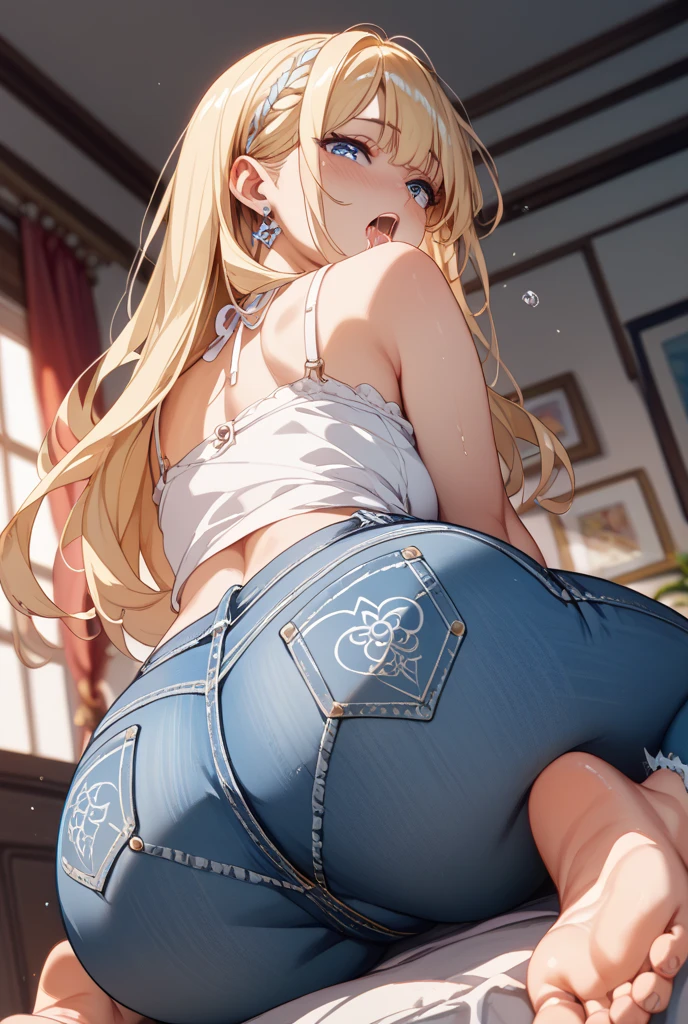 woman, large breast,farmer clothes, straw hat, cotton shirt, short jeans, double braid hair, blonde hair, seductive smile, exposed waist, white top, slender, bended over, someone pulling the braids, enjoying