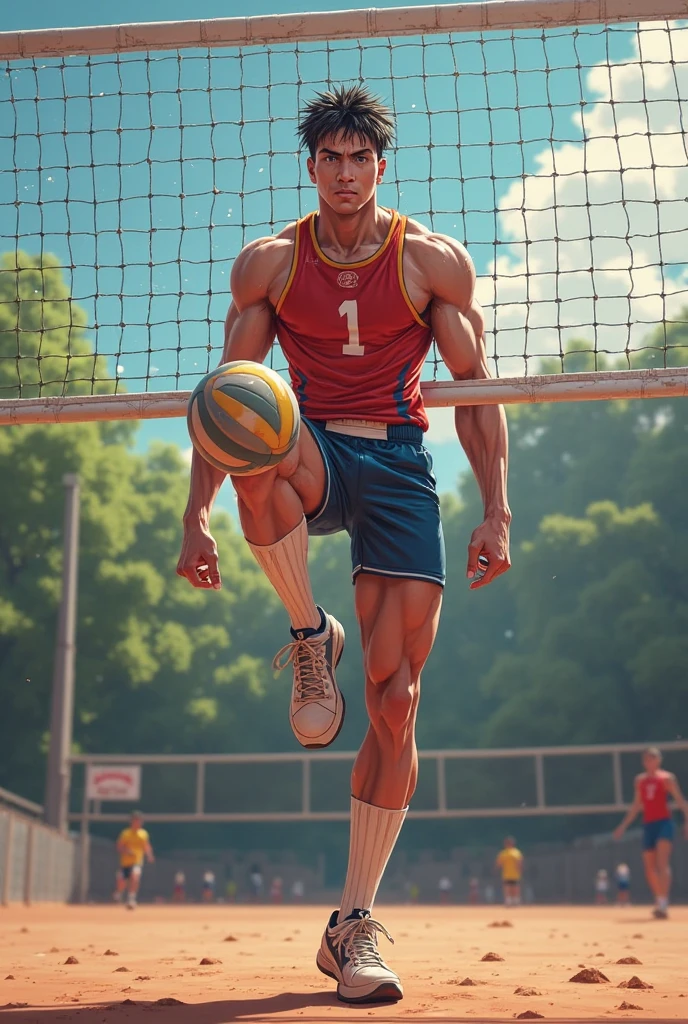 photorealistic, best quality, masterpiece, extremely detailed, sexy, homoerotic, extremely handsome, youthful, 25 year old handsome and athletic korean man, fair skin, (((muscular bodybuilder))), (((massive thighs))), wearing skimpy thong, shirtless, round bubble butt, very sweaty, jumps up to catch a volleyball, happy, at park, extremely romantic atmosphere, perfect face, perfect fingers, perfect hands, perfection