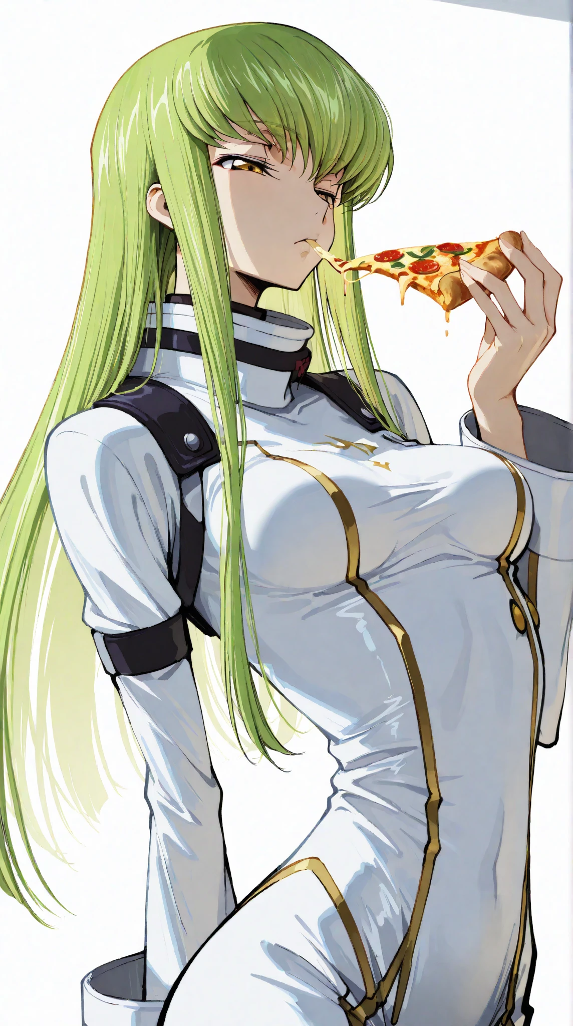 Code Geass, C.C, 1girl, (((bimbo))), puffy lips, painted lips, thick lips, wide hips, thick thighs, big breast, huge ass, revealing cleavage, erotic, Smile face, bubble butt, camel toe, Breasts, tight white suit, eating pizza, cute,
