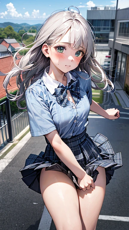 (masterpiece:1.2, highest quality), (Realistic, photoRealistic:1.4), Beautiful illustrations, (Natural Side Lighting, Cinema Lighting), ,
(View Viewer), 1 girl, Japanese, high school girl, Perfect Face, Cute and symmetrical face, Shiny skin, ,
(Long Hair:1.5, Messy Hair:1.2, Silver Hair), Swept-apart bangs, Emerald green eyes, Droopy eyes, Long Eyelashes, (:0.6),
Beautiful Hair, Beautiful Face, Beautiful fine details, Beautiful clavicle, Beautiful body, Beautiful breasts, Beautiful thighs, Beautiful feet,
((Symmetrical clothing, Light blue collared shirt, Grey pleated skirt, Blue checked bow tie), Pink Panties, ), Black socks,
(Beautiful views), Daytime, School rooftop, (Look forward), (Annoyed expression, Blushing, Embarrassed expression), (((Pulling on skirt, Wind power increase))),