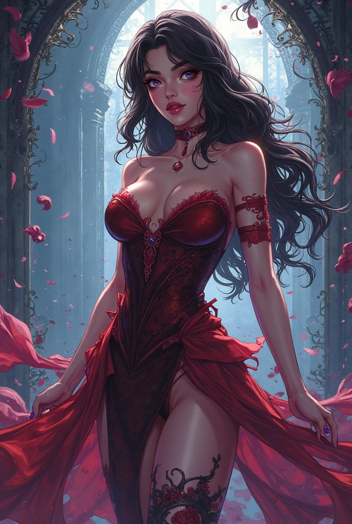 (masterpiece, best quality, highres, ultra-detailed),(beautiful and aesthetic:1.2), 1woman, adult woman, black wavy hair, green eyes, languid, delicate face,(slight smile:0.8), detailed eyes and face, perfect body, full body, red lips, beautiful make-up, mocha lace gown featuring a sheer bateau neckline and a fishtail skirt, complemented by subtle sequin embellishments.