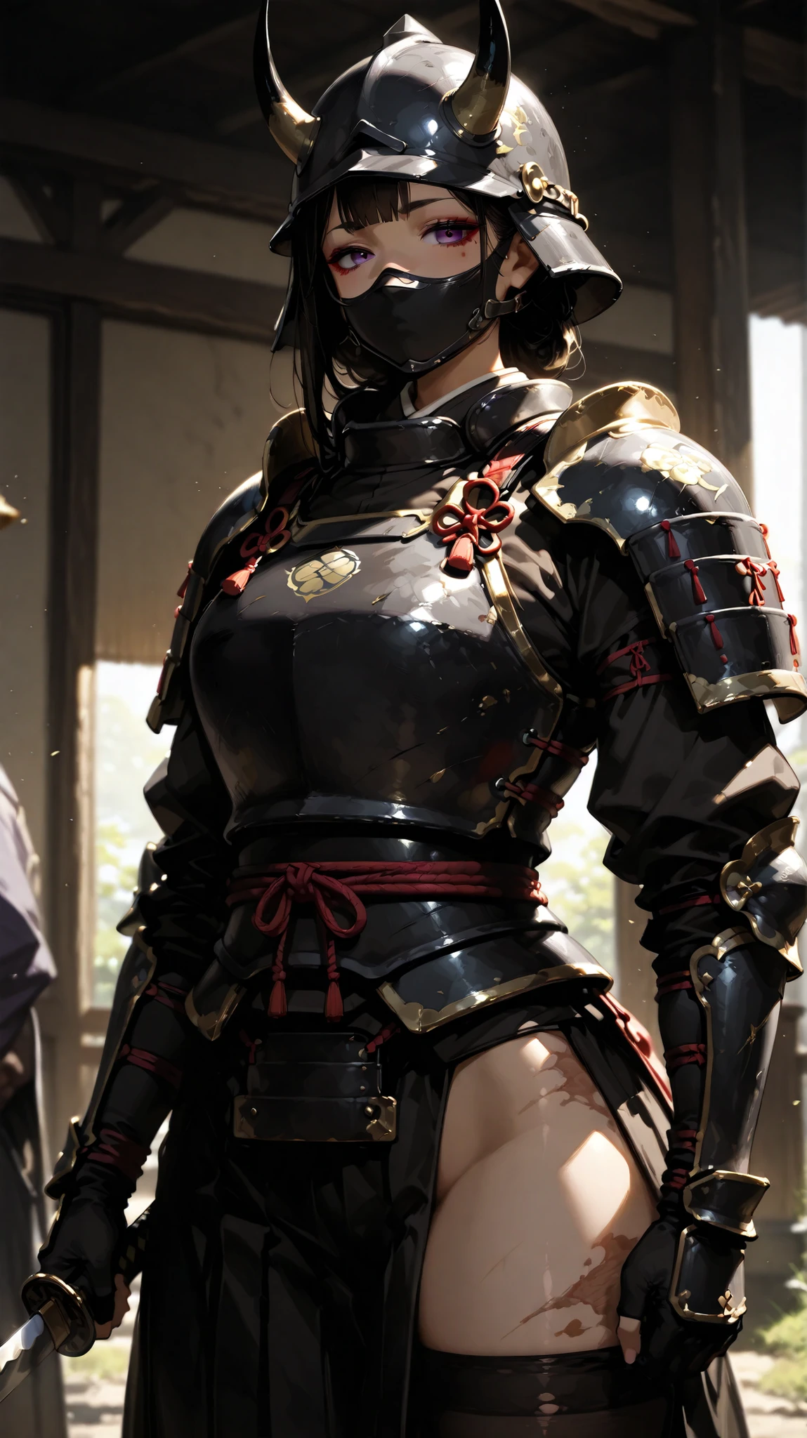 redraws his armor to hide his exposed skin、Japanese Woman,  simple helmet、Moving Poses、Background black