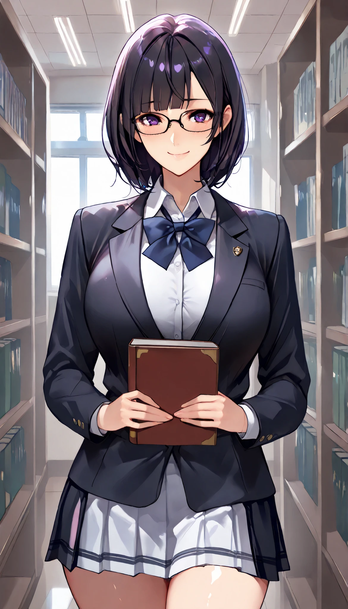 girl, Mikasa, verry beautiful, beautiful eyes, beautiful hair, purple hair, sparkling green eyes, gray shirt, white blazers, red tie, short black skirt, holding a book, big breasts, so sexy, realistic, ultra detail, 70mm lens,