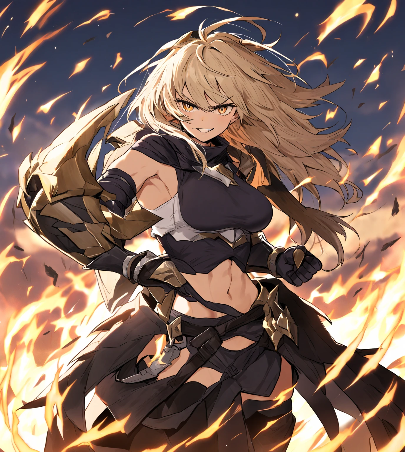 One girl,Fluttering long hair, Combat Ready, Coming at high speed, Dynamic and powerful movements, Leotard type uniform, (((Ifrit))), Black Mini Skirt,Black thigh-high socks,black elbow gloves,Black long boots,((anatomically correct)), highres, textured skin, 16K