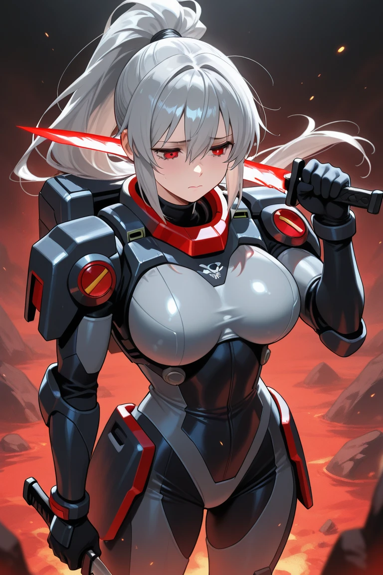 1girl, solo, burning landscape, village, trees, sun, clouds, war, silver hair, ponytail, large breasts, ((armor)), ((metal suit)), cleavage 1:3, blue eyes, grin, machine gun in hand, looking at the viewer, dinamic pose, run, hair ribbon, aircraft on the air, tanks