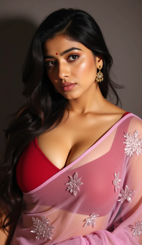 (((((((A)))))))half body of confident-looking Bangladesh woman with long and thick hair, (masterpiece, best quality:1.2), ((((((solo)))))), ((((((1girl)))))), ((looking at camera)), hazel eyes, a smile on the face, royal and lusty look, standing posing like a professional model for a photoshoot, (((Huge Boobs))), perfect composition and light, hyper realistic skin texture, super background decorations detailed, 8k, high quality, trending art, trending on art station, photo, intricate details, highly detailed, ((((Cropped Breast Wear)))), (((Cluttered Lab background)))), (((wearing a bright colour Saree with designs and patterns with sleeves))), (((((big sexy body shape))))), (((Cluttered Lab background behind her))), (((Portrait Fashion Photo))), hair bobbles, wince, solid circle eyes, light smile, ear blush, fang, ccurate, makeup, hairband, dark blue hair, double bun, Surrealism, drop shadow, anaglyph, stereogram, tachi-e, pov, atmospheric perspective, glowing light, backlighting, ray tracing, image fill, anaglyph, stereogram, scanlines, speed lines, silhouette, vignetting, 8k, super detail, best quality