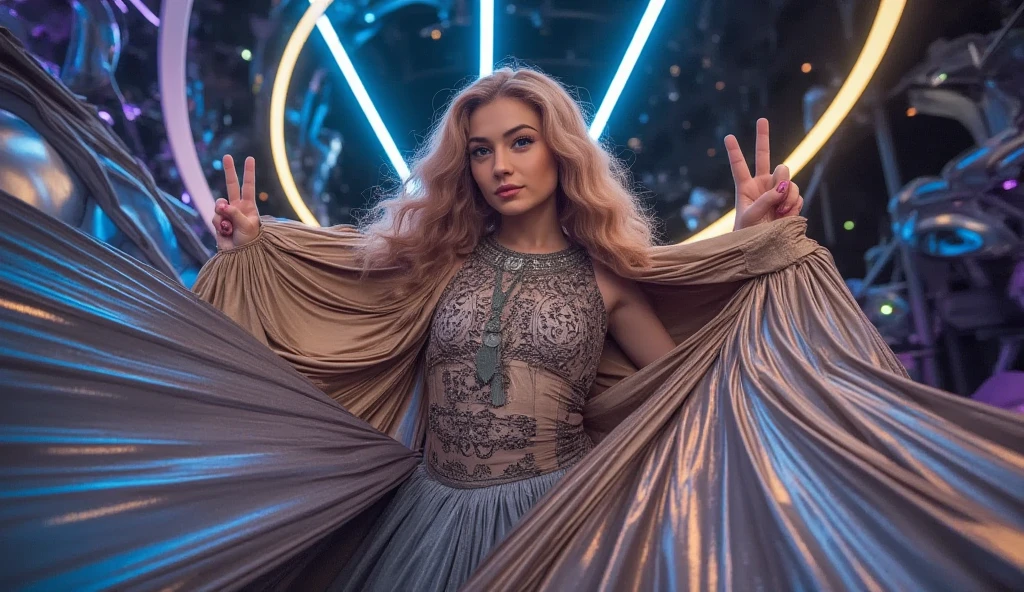 (full body shot) of a clothed woman that looks like a mixture of Arianna Grande and Chloe Grace Moretz, (((wearing an ornately detailed hot pink and silver lace patterned Versace dress with gems and sequins and stylized mandelbrot patterns))), (standing), ((in Times Square at night with lots of light bloom)), staring at camera lovingly, (mouth wide open), (smiling), (skin pores), wet hair, long hair, (tan skin), (f1.8 short focus bokeh), focus on eyes, large hazel eyes with, circular light eye reflection, watery deep eyes, skin pores, shiny eyes, open eyes, direct light. awe, ((cameltoe)),