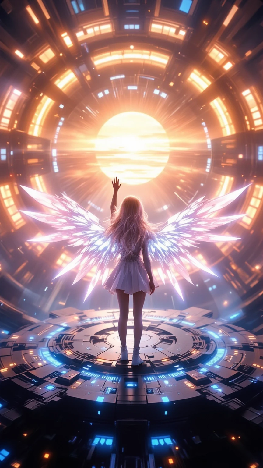 (abstract illustration:1.2), (backlighting:1.3), (red and back accent:1.2), (chaotic arrangement of random-sized cubes:1.2), (young seductive sexy girl:1.3), European pretty girl, makeup, closed eyes, closed mouth, ((wings)), (short silver glittering dress:1.3), she is meditating, (sitting in the lotus position on an ultramarine pedestal:1.1), (chaotic cubes background and foreground:1.1), intricate, (abstract style:1.1), by Greg Rutkowski