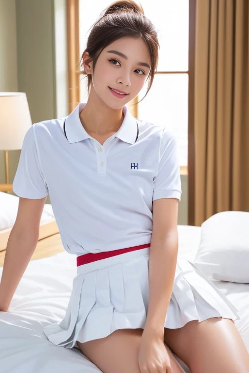(Masterpiece, Best quality: 1.4), (Ultra realistic, Photo-realistic: 1.2), Full body, (kneeling: 1.3), Looking at viewer, Natural light, 28 years old actress, Japanese women, (arms behind back: 1.2), Neat and clean, ((Wearing white tennis uniform, White polo shirt with collar, Not buttoning the polo shirt, White pleated tennis skirt: 1.2)), (ponytail: 1.2), Light brown hair color, (Beautiful Face), Oval face, clear, (Beautiful eyes, Kind eyes), (Clear skin), Small face, (Small mouth, Beautiful mouth), Natural makeup, Approachable, Hotel Suite room,On bed, (Seductive smile, Seductive pose), Beautiful thighs, Bedroom eyes, spread legs,