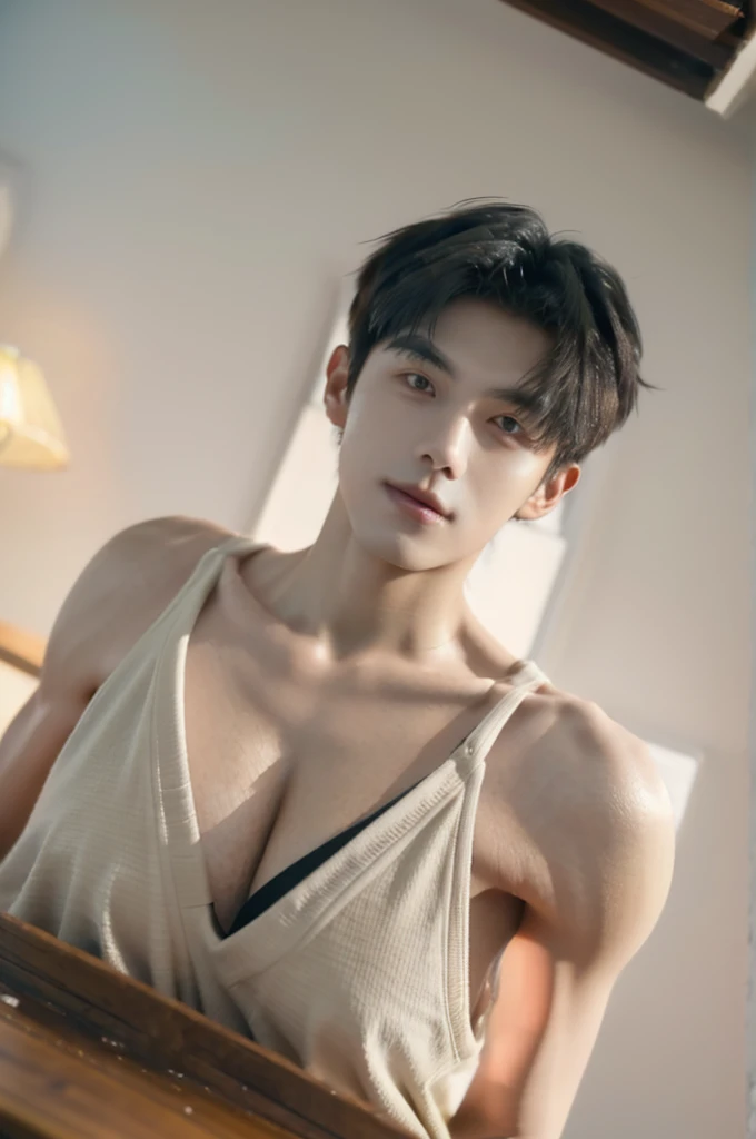 top quality, ultra high resolution, (photorealistic: 1.4), Cha eun woo, shirtless, selfie, (aegyo sal: 0.2), dynamic angles, handsome, perfect face, perfect body, natural light, raw, detailed, best quality, 8k