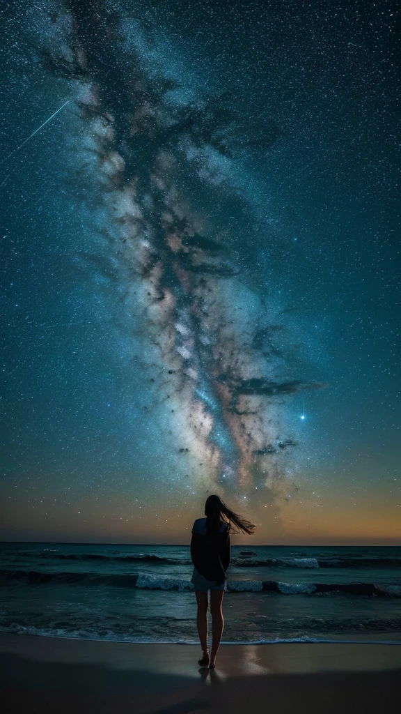 Master Parts、Superior Quality、superior image quality、The 8k quality、Beautiful pictures of the starry sky、magnifica、Arched Milky Way:1.9、Woman in swimsuit sitting on beach looking up at starry sky