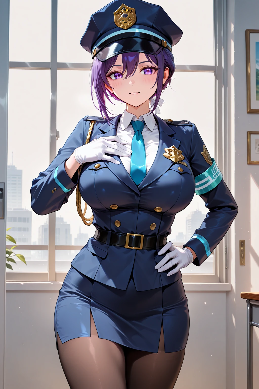score_9_up, score_8_up, score_7_up, 1girl, solo, mature female, Maki, green ponytail  hair, yellow eyes, glasses, pink lips, parted lips, fit slim body, perfect medium erected breast, (((imperial officer outfit))), dark grey living room, looking at the viewer, sexy smile, perfect model body, having sex in doggystyle position, perfect pussy penetration, penis penetrating her pussy, (((from behind)))