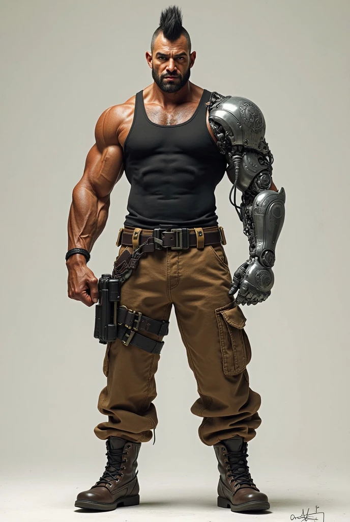 barret, dark skin male with gun arm and tattoo, sunglasses, bulk , shirtless , (black micro leather briefs) , full body , black boots , bulge