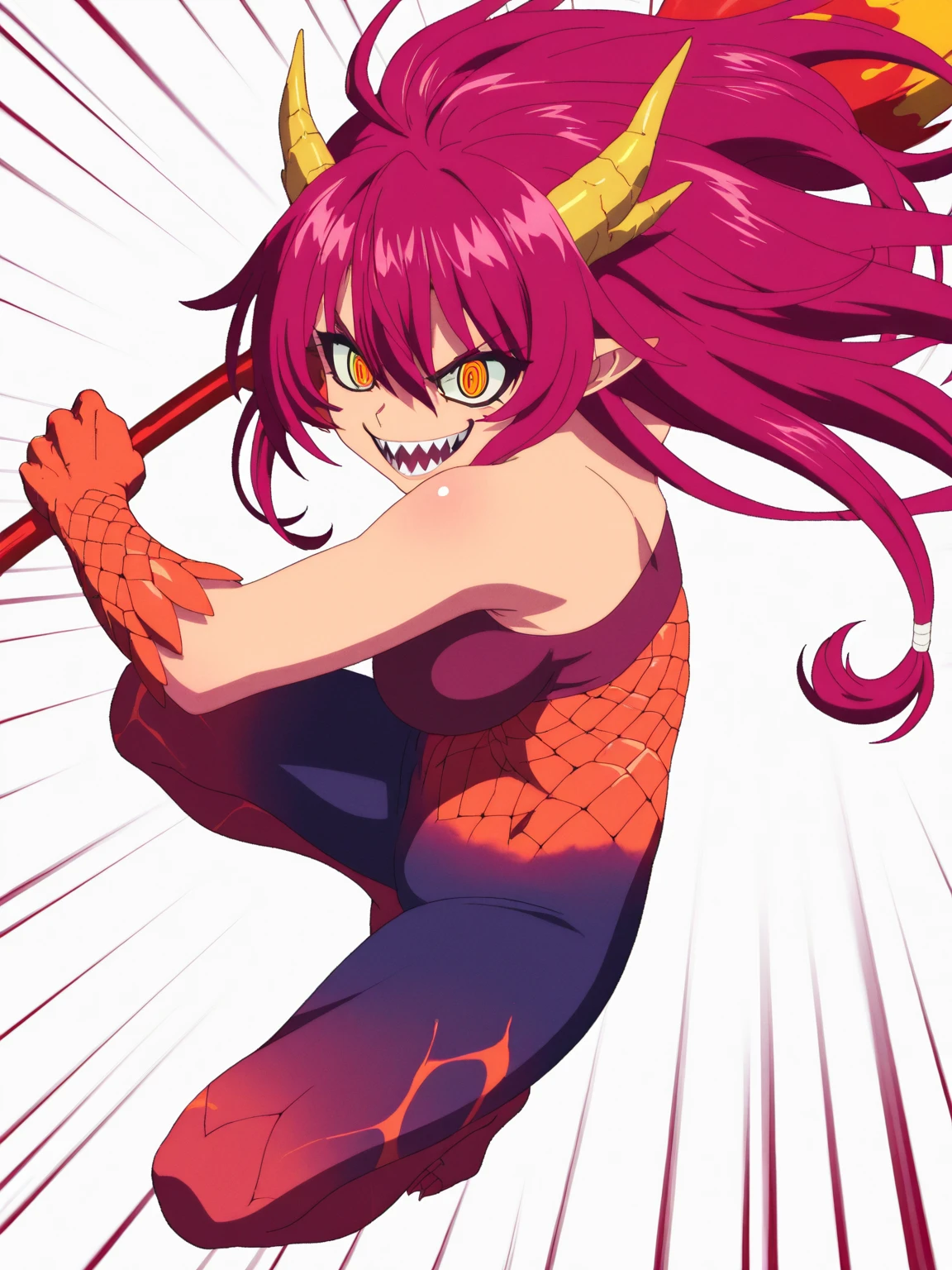 Anime-style illustration featuring a woman with long, vibrant pink hair styled in twin tails. The character has pale skin and large, black eyes with red pupils, giving a striking and somewhat eerie appearance. The character's mouth is open, revealing sharp, fang-like teeth, and there is a small amount of red coloring near the mouth. The background is dark, scary look, the character seems to be totally insane, The overall style is bold and dramatic, with strong lines and high contrast between light and dark areas. wearing an all-black military technological suit. The character is laughing madly, contorting while floating in the air, suspended meters from the ground. the character has a fairy-like appearance, she has vitiligo on her skin