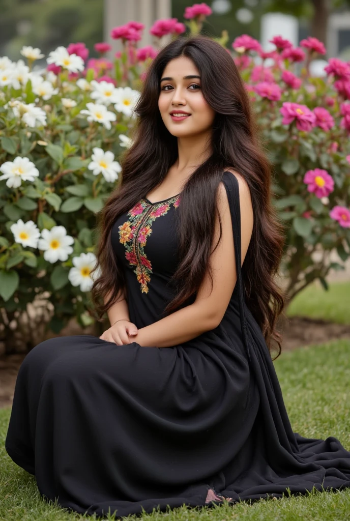 Long black hair, Sleeveless red top and pink jeans, big boobs, pale white skin, red lipstick