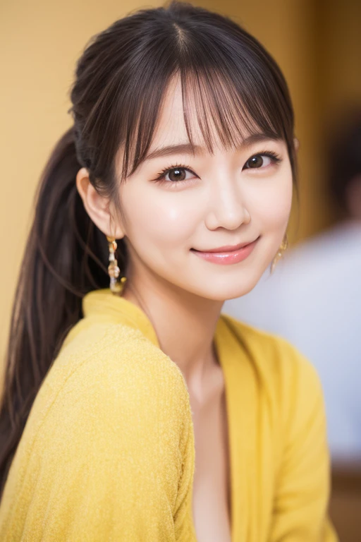 (1 girl, (Wearing a Yellow stage costume:1.25), Very beautiful Japanese idol portraits,
(RAW Photos, highest quality), (Realistic, Realistic:1.4), (masterpiece),
Very delicate and beautiful, Very detailed, 2k wallpaper, wonderful, finely, Very detailed CG Unity 8K Wallpaper, Very detailed, High resolution, Soft Light,
Beautiful detailed girl, Very detailed eyes, Beautiful & sophisticated nose, dimples, Cinema Lighting, bokeh,
(Simple light color background:1.3),
(ponytail), (bangs),
Complete Anatomy, Slender body, ample bosom, kind smile, SFW)