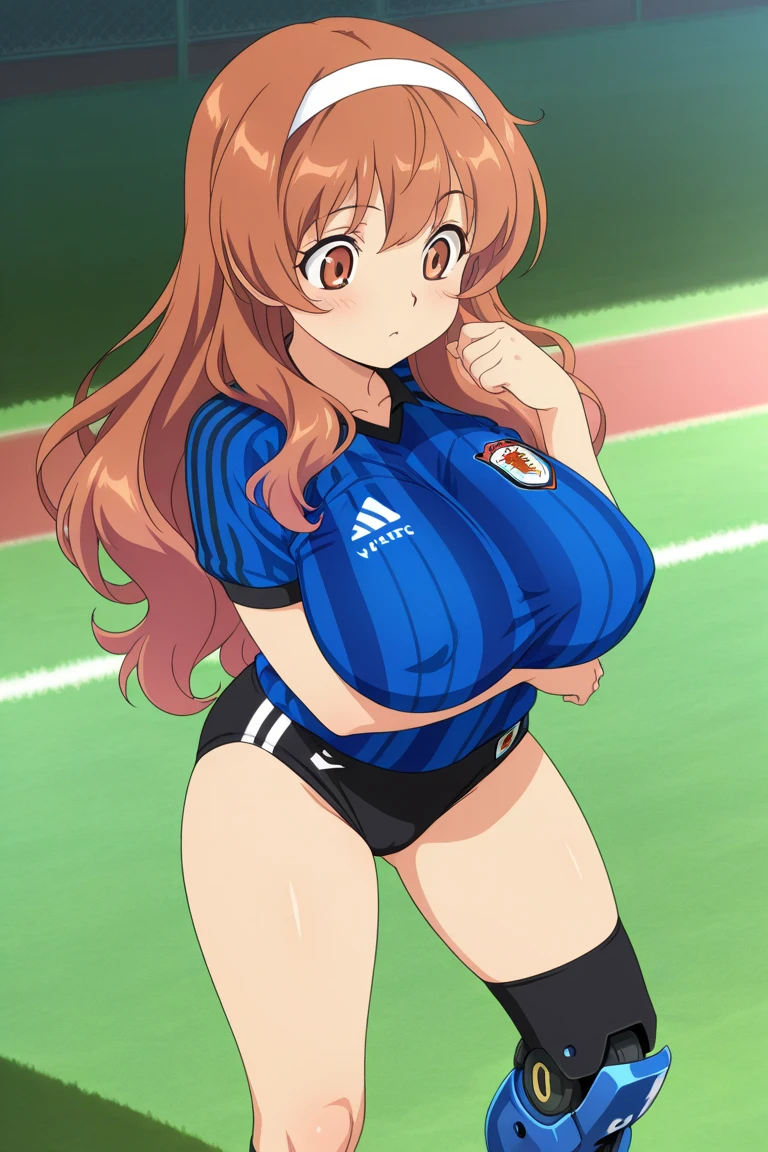 (best quality:1.5, highres, UHD, 4K, detailed lighting, shaders, perfect graphic), brown medium straight hair, large breasts, gym uniform, gym shorts, standing, smiling, school field, pov, (blushing:1.2) 