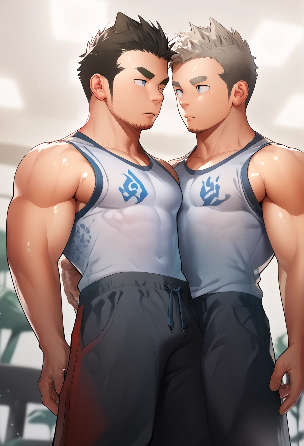 Ash Ketchum and from Pokémon and his long-lost twin brother flexing their biceps under hypnosis with glowing red eyes as they grow into big dumb sweaty hairy muscular football jock bros in a locker room. Hyper muscles. Massive muscles. Big biceps. Big triceps. Big traps. Broad shoulders. Big pecs. Bulging crotch. Hyper crotch bulge. Dumber and dumber. Blank stare with open mouth while saying, "I am a dumb jock.... I obey.... Dumber and dumber.... Hairier and hairier.... Yes, Coach.... Huhuhuhuh...." Slumped shoulders. Hypnosis. Brainwashing. Bigger and dumber jock bros. Assimilation. Transformation into big dumb muscular jock bros. Slumped shoulders. Massive crotch bulge. Bulging glutes. Thick stubble. Hairy armpits. Repeating triggers to be dumber and dumber each time they say them to think and focus only on growing muscle and being the perfect football jocks. Hairy brutes. Crass.