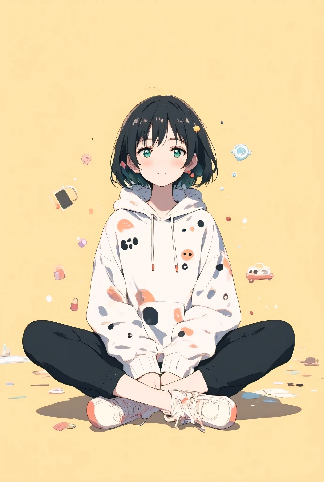 A cozy pastel anime-style animation featuring a young person sitting cross-legged on the floor in a relaxed pose. They wear a white hoodie with soft black and muted orange pastel patterns, including a cute skull motif and gentle abstract symbols. The hoodie has a large, slightly oversized hood that adds to the cozy feel. They wear black pants and white sneakers with soft red pastel accents. The character has short, dark bob-cut hair with a small red pastel hair clip on the right side. Their expression is calm and thoughtful. The background is a smooth pastel yellow with softly floating abstract icons around them—such as a dollar sign, a car, and a lock—each designed in a minimalist, kawaii pastel style. The animation loops with subtle movements like the hoodie fabric shifting slightly, hair bouncing gently, and the icons drifting softly—creating a chill and expressive atmosphere with soothing pastel anime vibes
