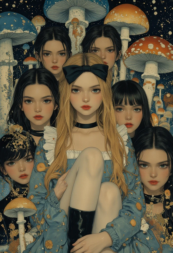 Realistic image with a group of 5 Japanese girls with different hair colors, wearing rococo dresses, horror style, black or white background
