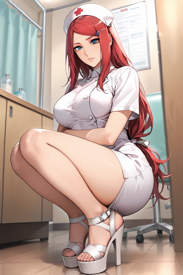 NSFW, 1Woman, ((best quality)), ((masterpiece)), (detailed), beautiful face, (defiance512:1.2), makima (chainsaw man), solo, sitting, red hair, (((sexy white nurse outfit))), (((ahego face))), (((long braided hair))), big golden eyes, bangs, (((evil smile dominant expression))), (((biting nipples))), (((extremely dominant pose))), (((legs spread open))), (((hospital background))), (evil:1.2), looking at viewer, (interview:1.3), intense seductive gaze, contrasting soft skin, (lighting:1.2), ((best quality)), ((masterpiece)), (detailed), perfect face