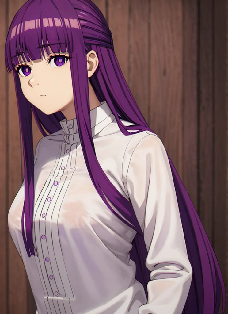 purple hair,purple eyes,long hair, looking at viewer, solo, upper body, naked shirt, white shirt, collared shirt, expressionless, closed mouth, breasts,
