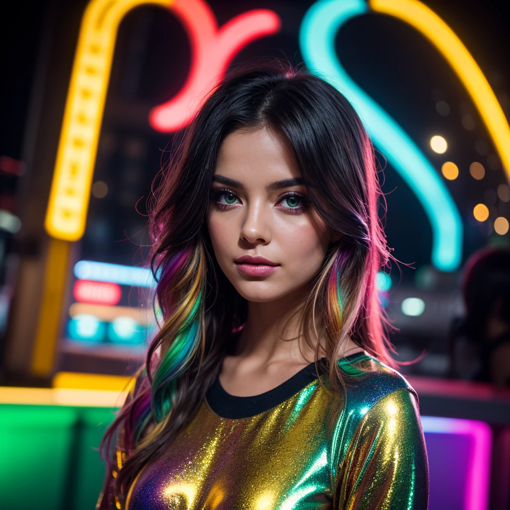 ariana grande, beautiful detailed eyes, beautiful detailed lips, extremely detailed eyes and face, long eyelashes, neon green rave outfit, Carrying green glow stick wands and wearing glowing jewelry, taking off an ankle length black leather jacket, inside a crowded neon lit rave club, friendly and flirtatious expression, photorealistic, 8k, (best quality,4k,8k,highres,masterpiece:1.2),ultra-detailed,(realistic,photorealistic,photo-realistic:1.37),HDR,UHD,studio lighting,ultra-fine painting,sharp focus,physically-based rendering,extreme detail description,professional,vivid colors,bokeh (Attention: Show her from head to toe, full body shown, show all of her)
