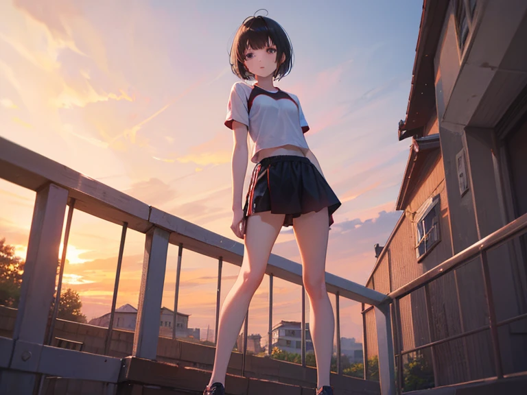 とっても可愛いgirl、(girl)、dark brown hair、cowboy shot、bob cut、short hair、violet eye、Brown eye、smile、clear white skin、Navy blue tank top、navy blue blitz skirt、whole body、grassland、8K、4K、High resolution、fine-grained、(girl2人)。
