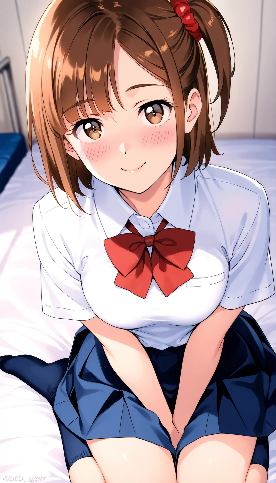 (((pixel perfect, detail perfect))), alone, 1 girl, Misaka Mikoto, tokiwadai , bow, looking at the viewer,, whole body、(Breast Exposure、Nipple exposure、medium breasts))、smile、Tokiwadai Junior High School Uniforms、nose blush,lie down on the bed