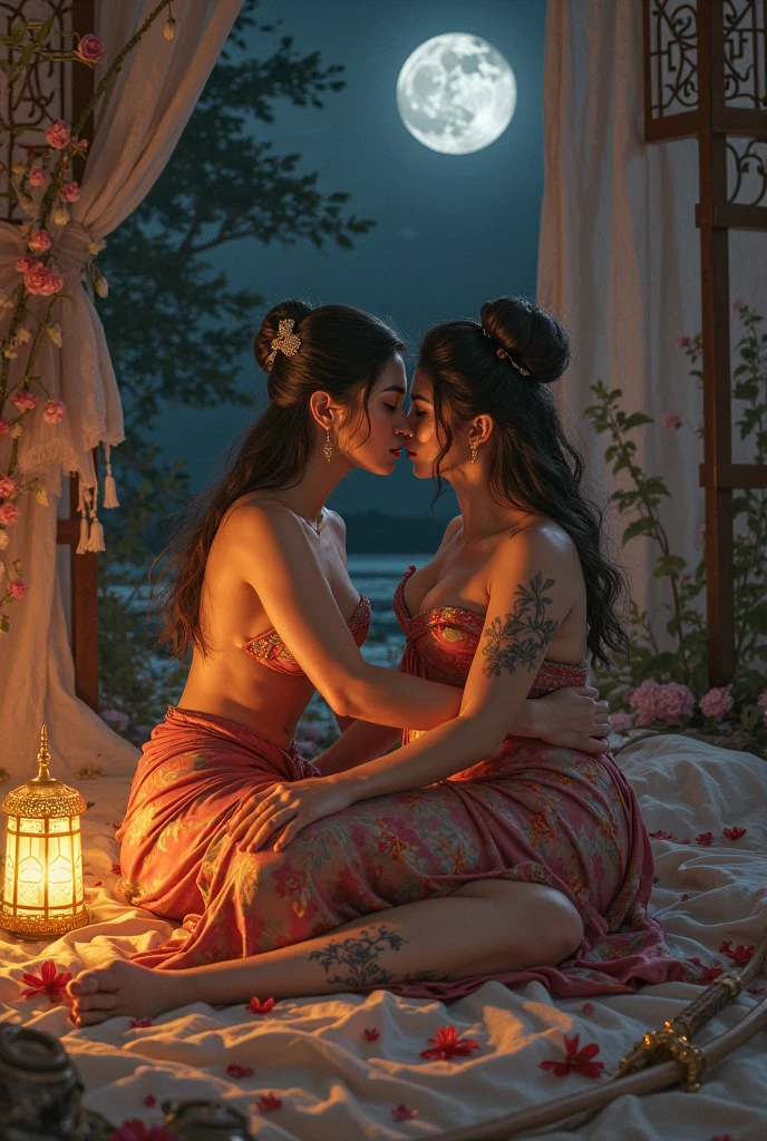 Radha krishna romantic nude hug in a jumgle hut in the night, lying over a wooden bed. Image from a distance.