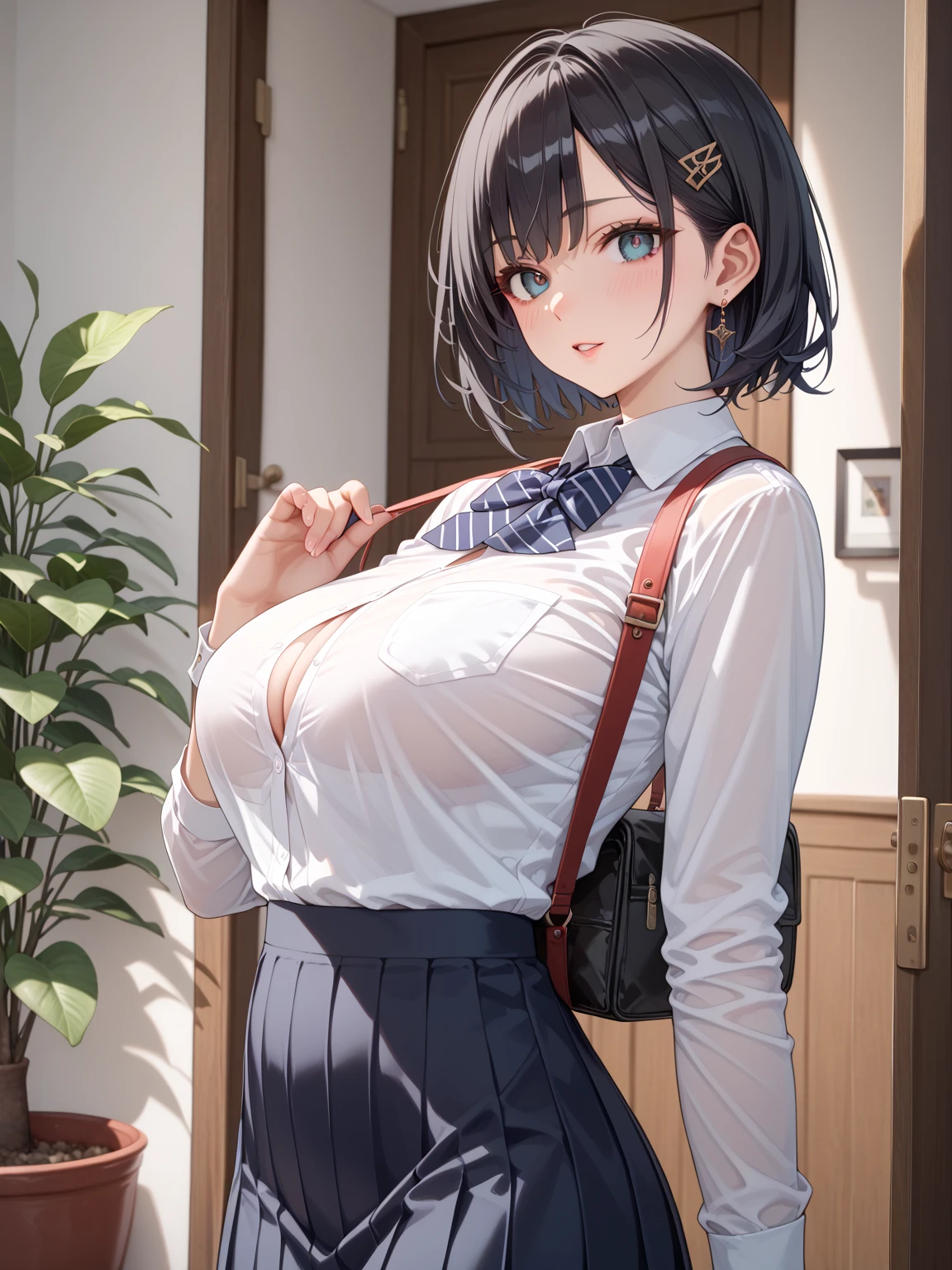 ((top-quality、8K、​masterpiece:1.3))、1 girl、Slender Abs、sofas、hyperdetailed face、A detailed eye、double eyelid、very Bigger breasts、large full breasts、Colossal 、Neat and clean 、short-hair、Straight bob hair、Shorthair with bangs、A smile、 uniform、Panties are visible from the skirt、An 18-year-old woman、Sheer white shirt、Navy blue ribbon at the collar、Dark blue pleated micro mini、sexly、Peek at the viewer、Beautiful graphics、Bright school building with strong sunlight、Show me your whole body、is standing、Plump panties、Detailed female genital shapes、Black pantyhose、(Facing the front)(((Blushing cheeks、embarassed expression)),(((The skirt is rolled up by the wind)))、Showing white panties、depth of fields、Bokeh in the background、Exposing the breasts、Bare your breasts