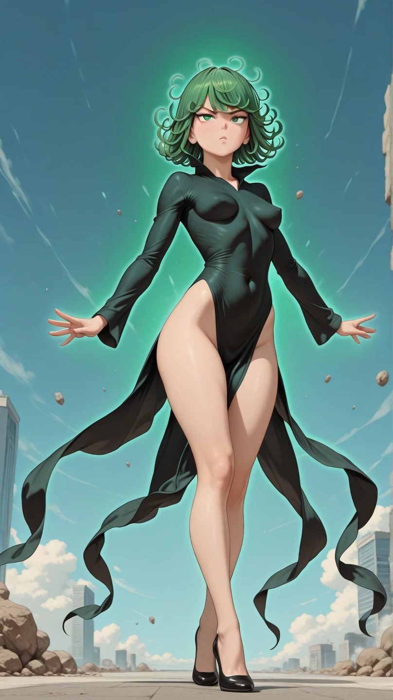 (high res, 8K, masterpiece, looking at viewer, best quality, very aesthetic, ultra detailed, ultra background, ultra Eyes), intricate details, 1girl, Tatsumaki, Green Short Hair, Green Eyes, wearing a form-fitting black V-neck dress with a high collar, long trumpet sleeves, and four high-cut leg slits with a pointed toe that showed off her beautiful long legs and black low-heeled shoes, Green Aura, floating in the air, floating rocks, angry face, Background Destroyed City, City, Cinematic Angle