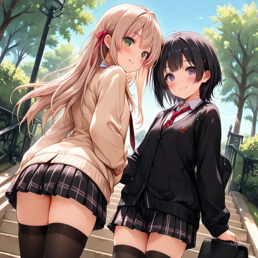 Highest quality, Ultra-high resolution, (Realistic: )2D official style cel animation,((Two girls sitting in a row))Navy Blazer、Navy blue mini skirt,(Lace panties),loose socks,sneakers,Full body portrait,(From below),Station stairs,sunny,Embarrassed face,Spread your legs、from the front