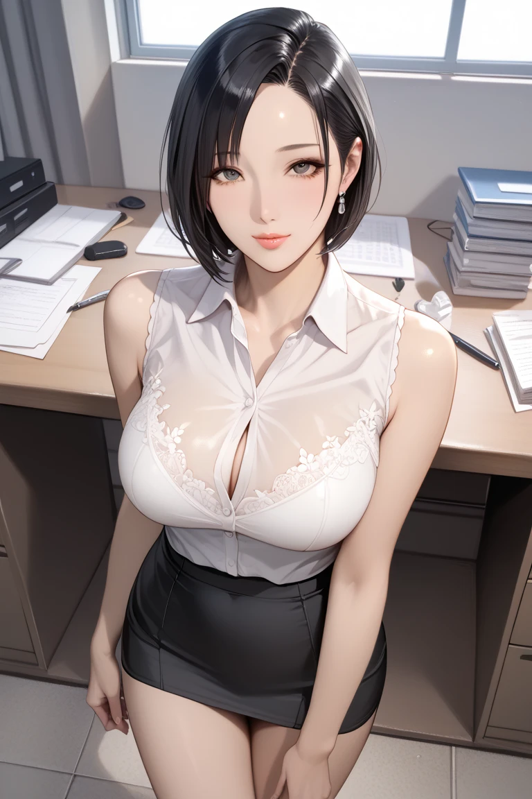 realistic pictures、Super high quality、real person、Real Portrait、Office Lady、Tight Skirt、super mini skirt、ponytail、pink blouse、see-through bra、white bikini panties、sitting、from the front、spread her legs,show white panties,beautiful camel toe、beautiful thighs、Crotch open showing panties、beautiful panties、(indoor modern office/), Limited to 1 female, /(casual shirt pencil skirt/) ID card, /(black hair/) bangs, A gentle smile with a blush, (A masterpiece of the highest quality:1.2) super detailed, big breasts