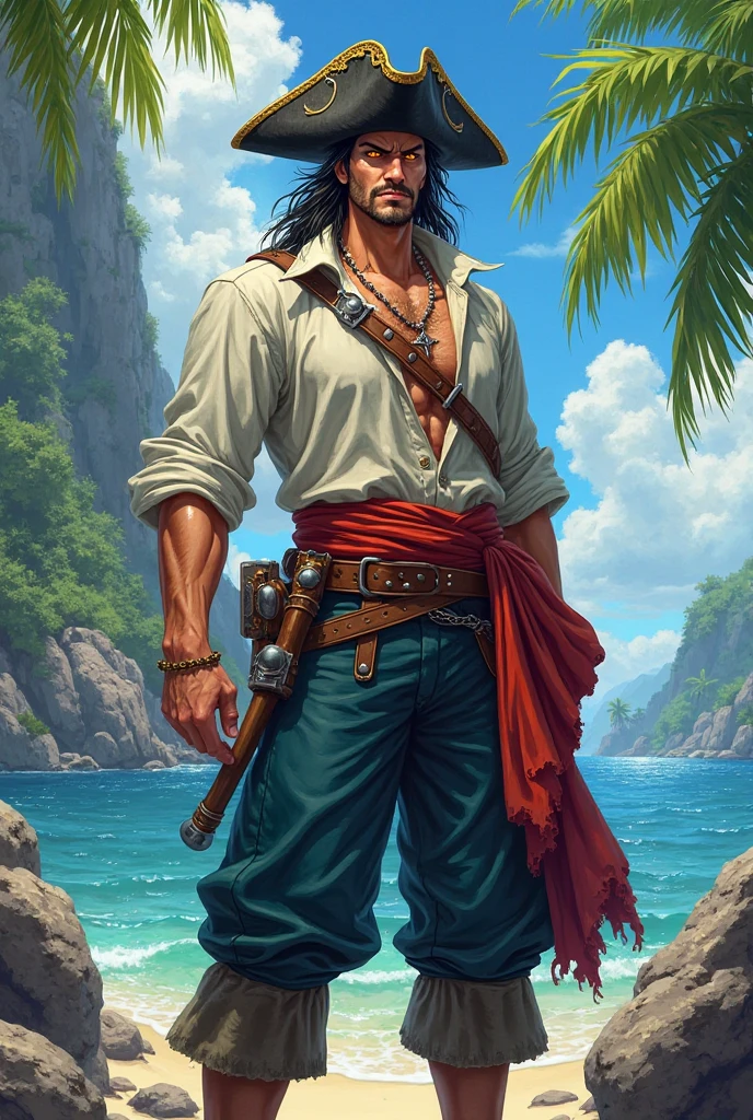 Fantasy style, brunette, sword, tropical, seagulls, looking at viewer, dock, seascape, sunny, male, smiling, hair ribbon, honey eyes