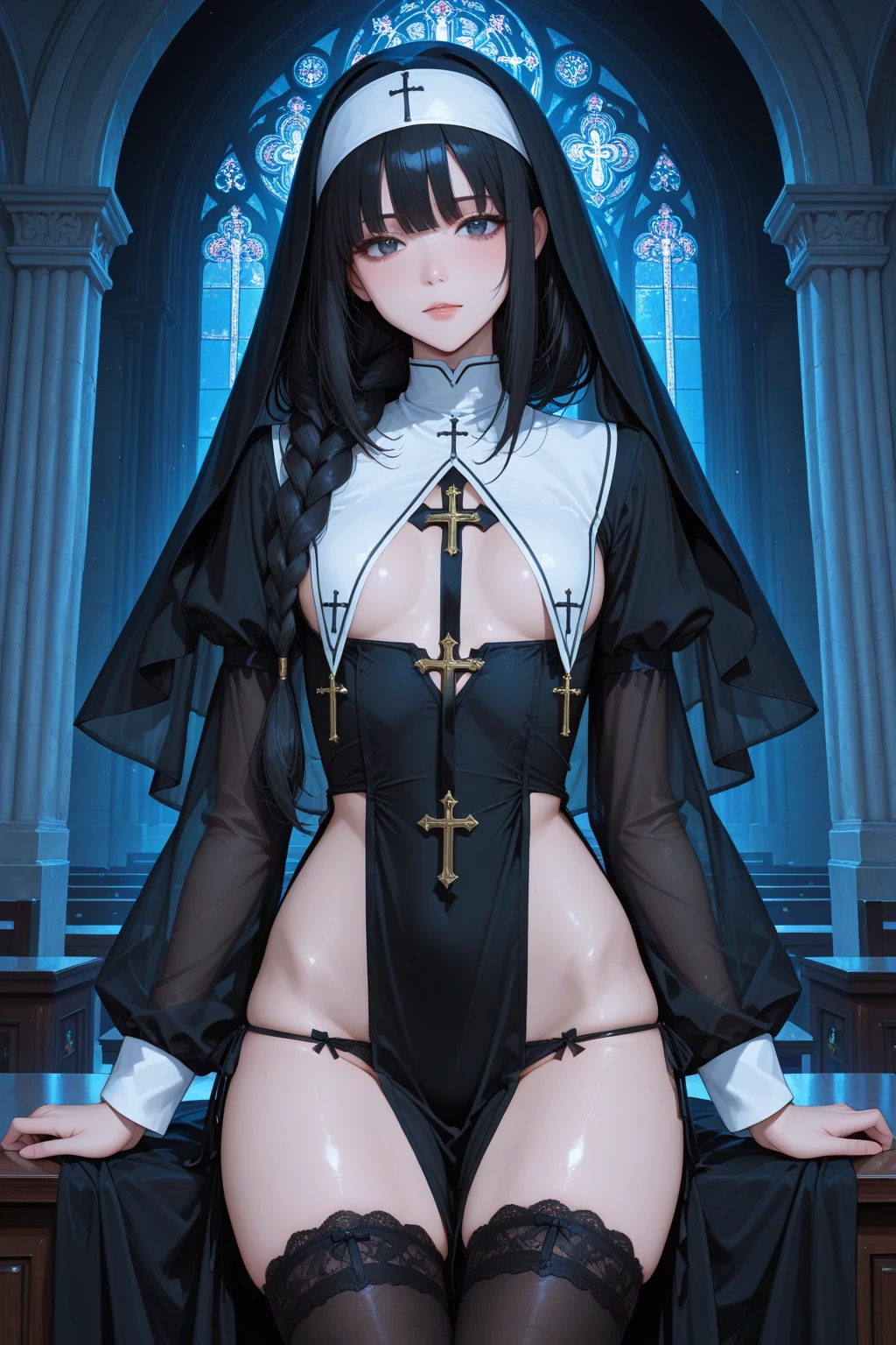 Ultra realistic   girl 8 years old,  childshi body  , long black hair frinje braided , gothic , nun ,  sarcastic, 
 Smug smile  , lingerie  thong pantie  ,garterbelt  long socks  , Gloves  , inocent , standing  . Praying  , dark church.  Gothic stily, mystery wallpaper.  Mystic. 