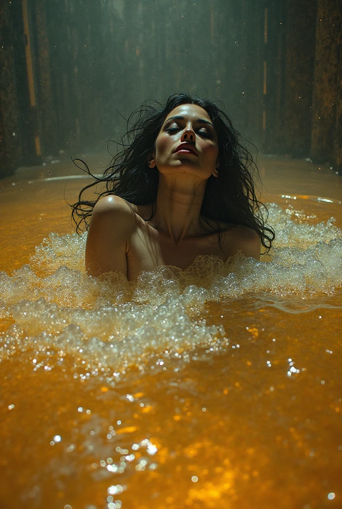 The basement, surrounded by rusty black iron with countless iron wedges driven into it, is dark, eerie, rugged, and cold. Only the stone well in the center of the room gives off a strange, out-of-place feeling. A beautiful ghostly woman is holding onto the edge of the well and is about to crawl out, looking at us with a mysterious smile. Her long, messy black hair, golden eyes, and dark full lips are alluring, and her pigment-free, albino-like white skin is mysteriously lit up by the mysterious indirect lighting from an unknown source, and is slippery with oil. Her voluptuous, lustful body is what men like, and even though my reason is warning me that she is obviously a dangerous partner, my lustful carnal desire, captivated by the woman's figure right in front of me at close range, is telling me to get close to her and embrace her. , A Bewitching evil Femme fatale, Completely nude, Glamor, soft and curvy, unparalleled beauty, sticky wet black hair, forehead, arched eyebrows, double eyelids, golden shiny eyes, beautiful and slender nose, beautiful nostrils, sensual full lips, dark lipstick, glossy lips, open mouth, Vampire Fangs, neck, collarbone, shoulders, cleavage, saggy huge breasts, wet skin, black nails, (seductive smile:1.3), Horror-style lighting on the face from below, From the front, straight on, face and upper body are clearly visible, looking at us, perfect anatomy, ideal facial features, ideally proportioned figure, perfectly beautiful body, super detailed skin, glossy skin, masterpiece, incredibly absurd res, absolutely resolution, ultra high res, professional, vivid colors.