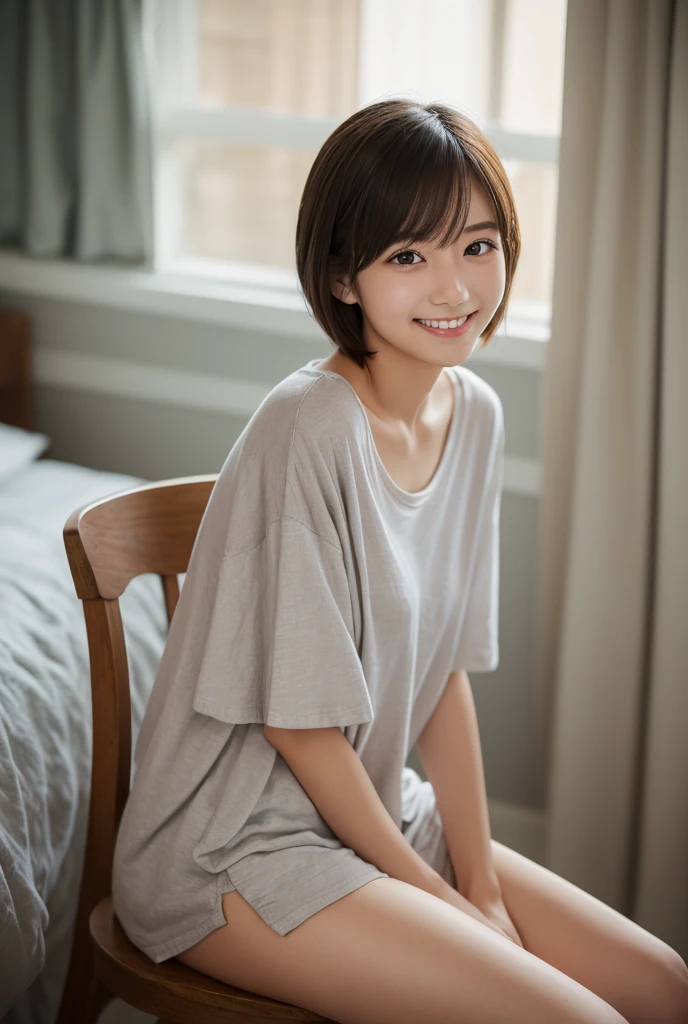 Illustration of a woman with a soothing smile, anime style, bob hair, Close your eyes and hug me, pajamas