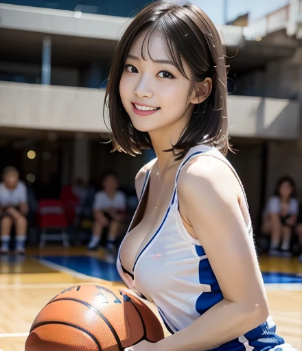Gymnasium basketball player, Highest quality, shape, Very detailed, In detail, High resolution, 8k wallpaper, Perfect dynamic composition, Beautiful details, Natural Lip, Basketball Uniform, Big Breasts,Cleavage,, She is smiling and making cute poses with random expressions ..., A masterpiece of the whole body, Angle from below