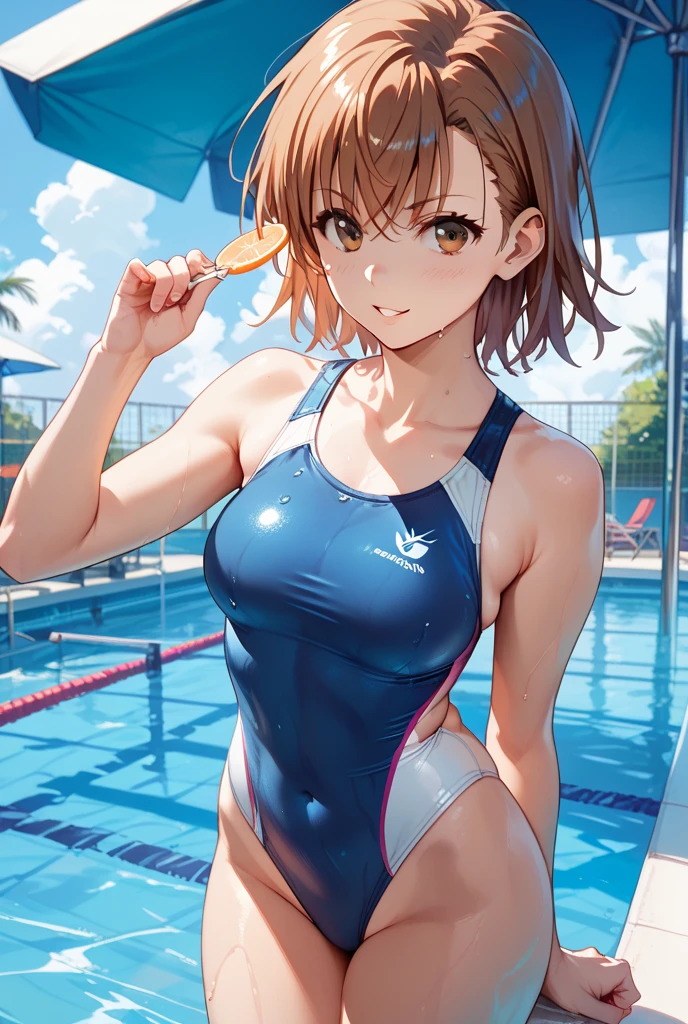 all intricate details: "an athletic girl with a perfect body, cute, symmetrical face, Olympics, Olympic pool, swimming, swimming competition, wears the number "1126" in the competition swimsuit, random tv angle"
