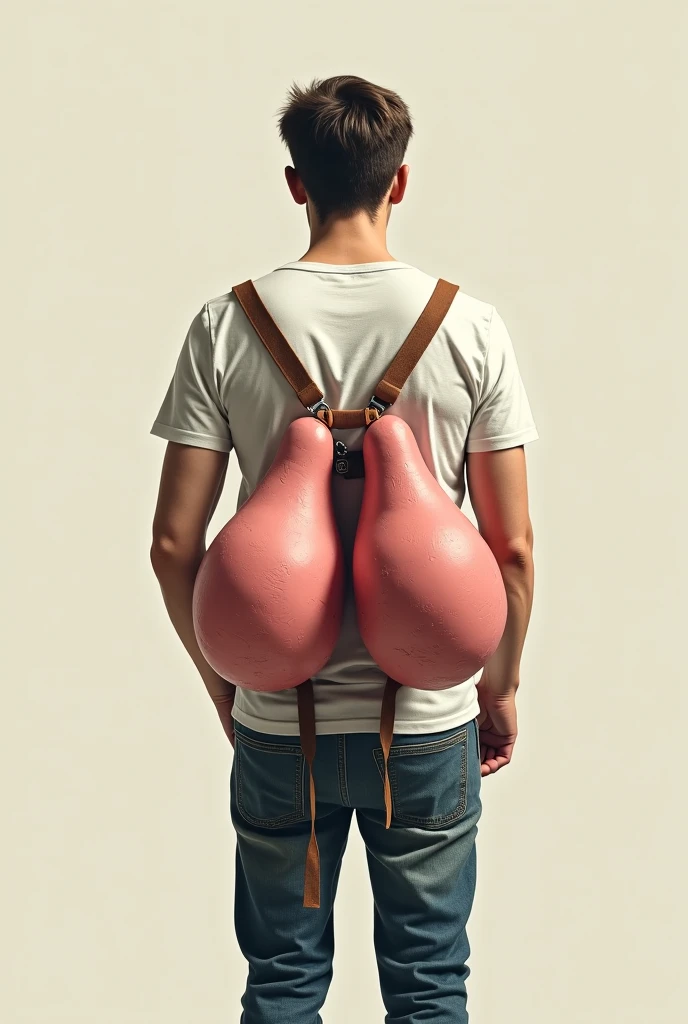 a young man with a big nose and shaved head holding a strange colorful luminous inflatable monkey in a workshop. He is crying. wearing underwear. Side view. Harsh contrast lighting