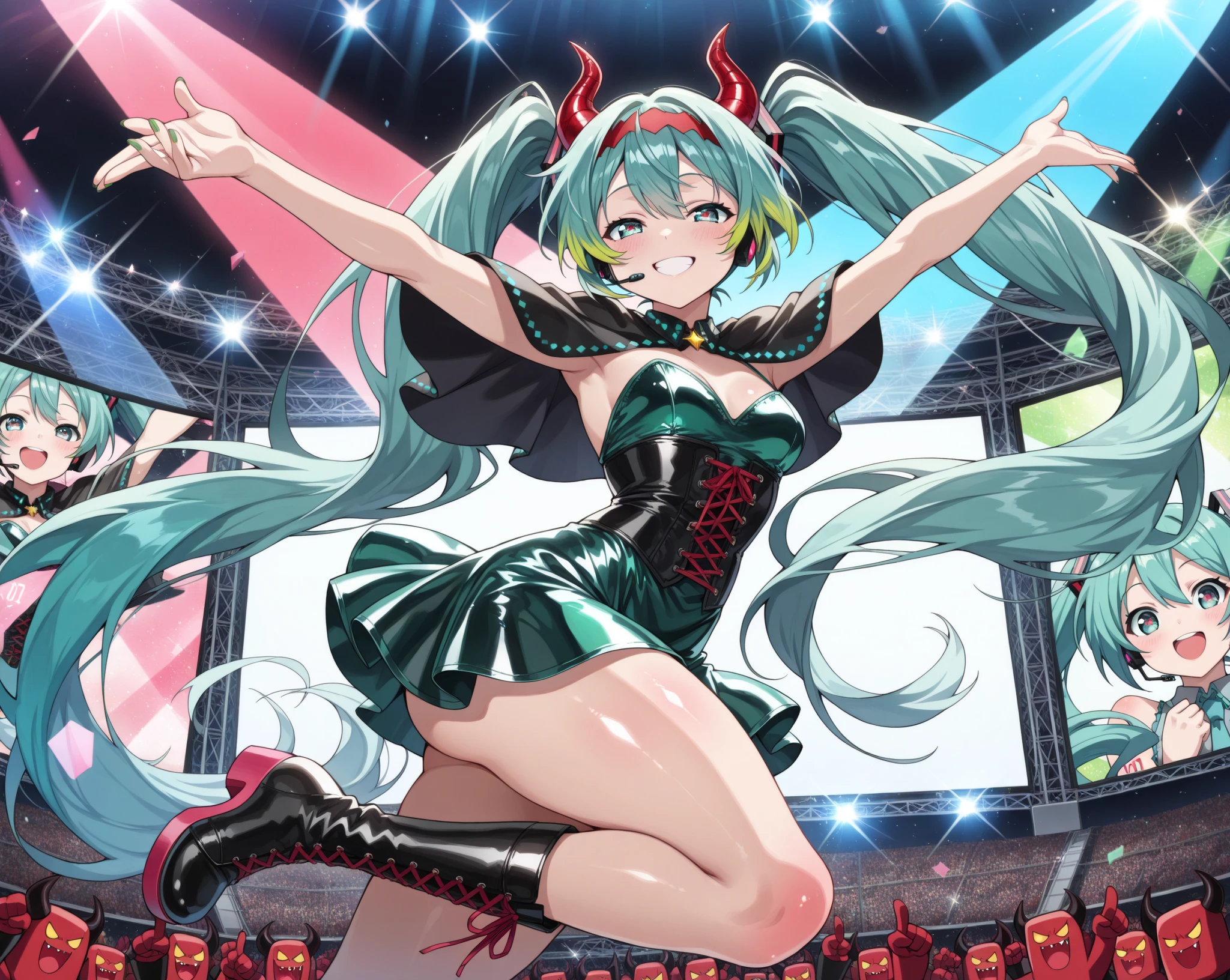 complex 3d render, ultra detailed, masterpiece, best quality, highres, hdr, perfect light, highly detailed face, (wide angle), highly detailed background, 1girl , solo, full body, rebecca \(cyberpunk\), long hair, (((mechanical eye, colored sclera, red sclera))), colored skin, white skin, leg tattoo, neck tattoo, green hair, long hair, small breasts, see through black lace lingerie, see through black lace thighhighs, fang, (((red pupils))), skin fang, (((red eyes))), sleeveless, <lora:rebecca_v1:0.6>, indoors, stripclub, on stage, stage lights, spotlight, looking at viewer, standing, spread legs,