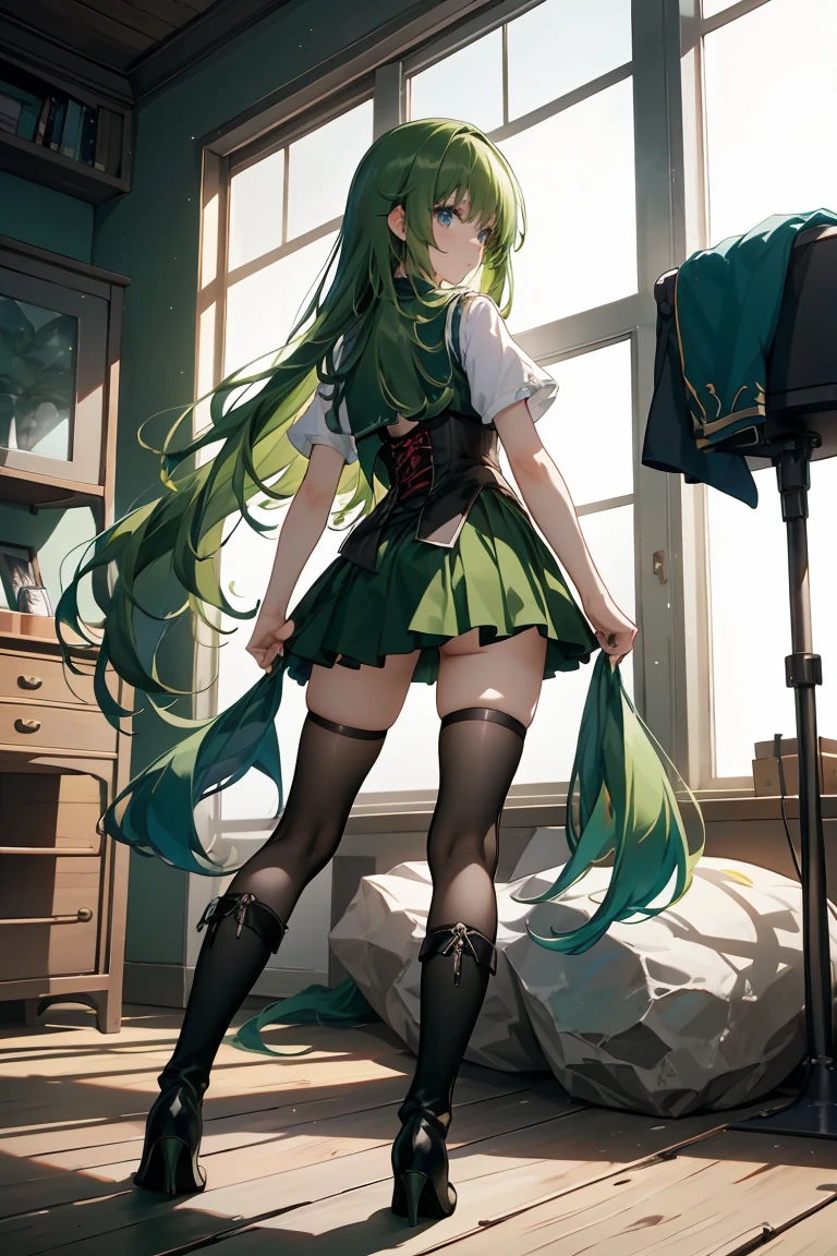 Tabletop, Highest quality, One Girl, (Sailor Neptune),Green Hair, (Green Eyes:1.2),((sporty))、((Bike Pants))、Hair length、((Embarrassed expression))、((Bedroom))、((Backward view))、((Butt))、((Thigh-high socks))