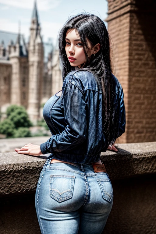 Caucasian woman; black hair, wavy hair, long hair, hair parted in the middle; blue eyes, ((lined eyes)), ((highlight blue eyes)), bright eyes; ((red lipstick)), makeup; smile, ((athletic body)), (medium breasts), nipples, ((legs)); ((navy blue top)), (short sleeve top), ((denim shorts)), earrings, necklace, bracelets; high quality, artistic shot, light highlights body; In the background you can see the royal palace in Madrid Spain, ((standing)), back, buttocks, ass, back view, shot from behind, Shot from below.