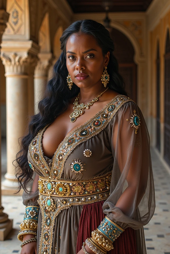 queen chubby, photo vintage, visage feminin parfait, , tache de rousseur, 1888, big huge breasts : 48H,FRONT VIEW, Rembrandt LIGHT , EXTREME LONG V-NECK, BIG CLEAVAGE, BEAUTIFUL EYES, BEAUTIFUL HANDS, LIGHT SMILES, PERFECT FACE, tres long décolleté, CASTLE BACKGROUND, QUEEN, NECKLACE, RING, JEWELERY RICH, SFW, FULL BODY, COLORFUL, ( EBONY SKIN TONE) ghana, ROYAL DRESS